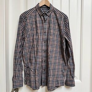 Johnston & Murphy Brown, Grey & Black Check Cotton Button Down Shirt. Size L